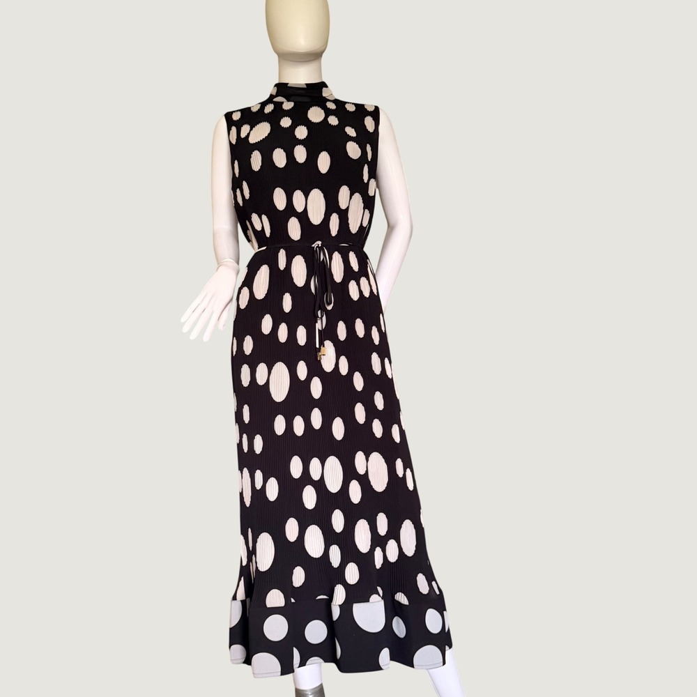 NWT Milly Melina Womens Pleated Scatter Dot Dress Black Ecru Polka  Midi Size 6